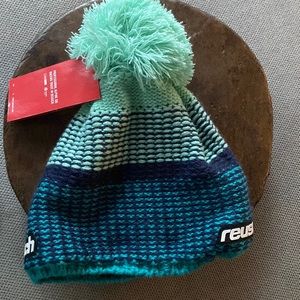 Head band and beanie, green, blue white. Swiss brand